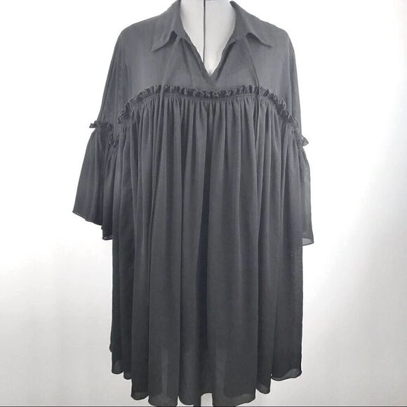 Missguided Semi Sheer Black Poet’s Style Dress with Bell Sleeves and Tie Front - Picture 3 of 15